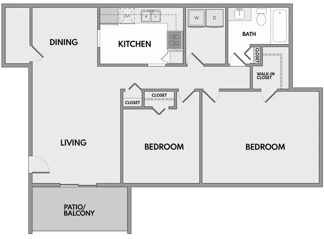 Modern 2-bedroom floor plan with open living and dining area, efficient kitchen, and private patio/balcony.