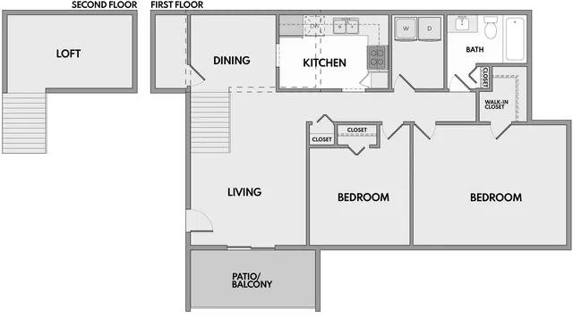 Modern floor plan showcasing a spacious two-bedroom, one-bath apartment with a loft, open living-dining area, sleek kitchen, and private patio or balcony.