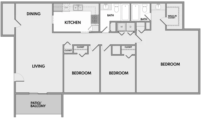 Modern 3-bedroom floor plan featuring a spacious living and dining area, stylish kitchen, two bathrooms, and a patio balcony. Includes ample storage with closets and a walk-in closet.