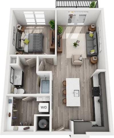 Chic 3D floor plan featuring a spacious 1-bedroom apartment with an open-concept kitchen, cozy living room, and modern bathroom. Includes a private balcony and in-unit laundry for ultimate convenience.