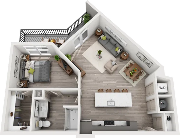 Modern 1-bedroom apartment floor plan with open-concept kitchen, cozy living area, sleek bathroom, and private balcony.