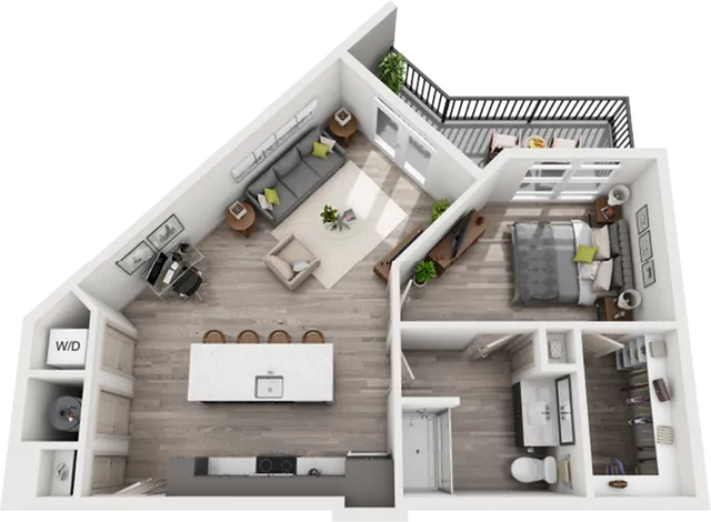 Chic apartment floor plan featuring a spacious bedroom, modern open-concept living area with kitchen island, cozy balcony, and stylish bathroom layout.