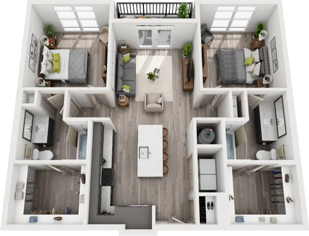 Contemporary 3D floor plan showcasing 2 bedrooms with large windows, modern kitchen with island, and cozy living room. Inviting design with stylish furnishings and ample natural light.