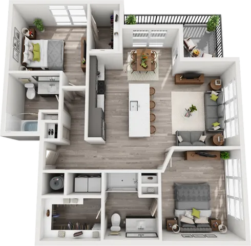 Modern 3D floor plan featuring two spacious bedrooms, elegant open-concept kitchen and living area, and a stylish patio space.
