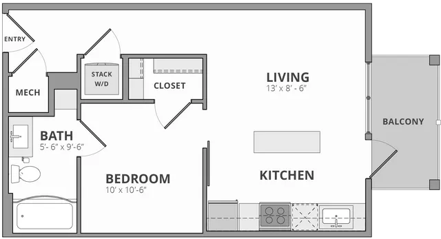 Contemporary floor plan showcasing a spacious living area with balcony, modern kitchen, cozy bedroom, and efficient bathroom layout.