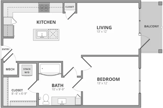 Modern 1-bedroom floor plan featuring open-concept kitchen and living area, spacious bath, and private balcony.
