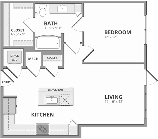 Modern floor plan featuring a spacious bedroom, bath with ample closets, open living and kitchen area with a convenient snack bar.