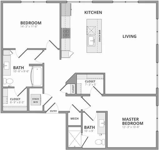 Inviting floor plan showcasing 2 bedrooms, a master suite, sleek kitchen with snack bar, and spacious living area.