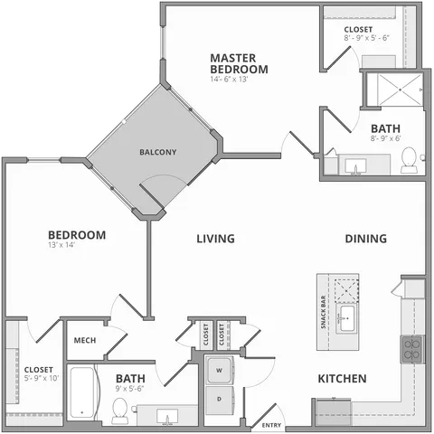 Modern apartment floor plan featuring a master bedroom with en-suite bath, an additional bedroom, open living and dining area, stylish kitchen with snack bar, and a private balcony.