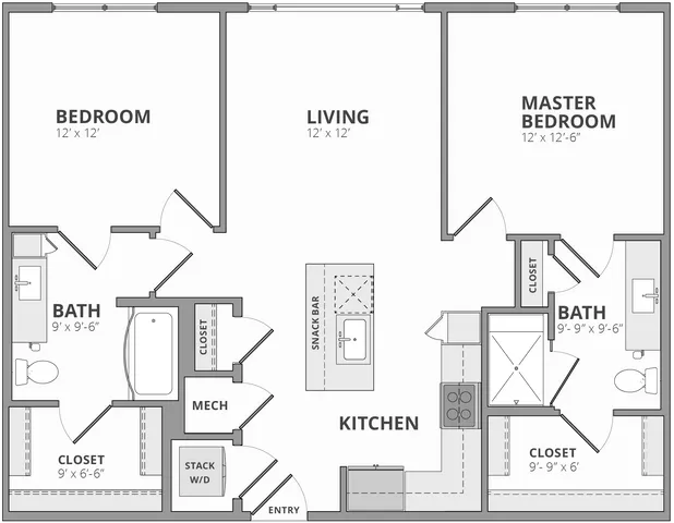 Modern floor plan showcasing 2 spacious bedrooms, inviting living area, and open kitchen with snack bar. Includes 2 bathrooms and ample closet space.