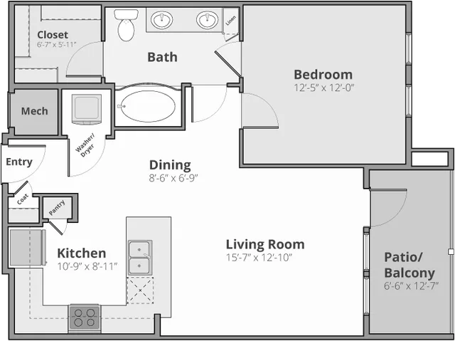 Inviting floor plan with one bedroom, open kitchen, and spacious living room leading to a patio. Includes dining area, bath, and ample closet space.