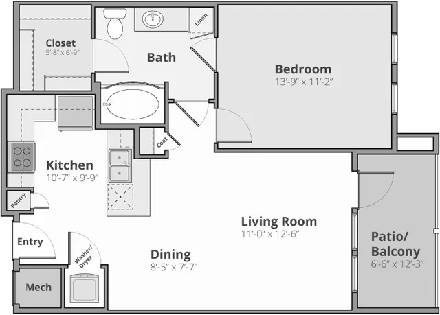 Inviting floor plan with a spacious bedroom, modern kitchen, open living area, cozy dining space, and a delightful patio/balcony.