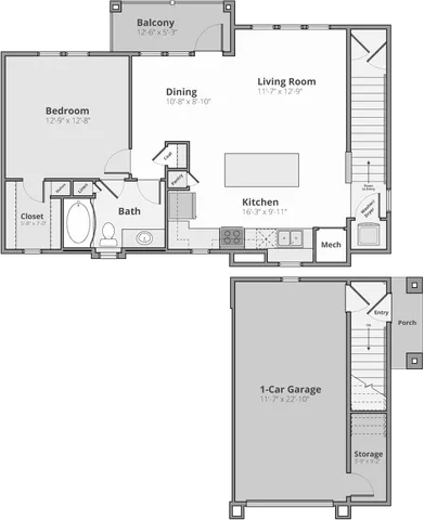 Modern floor plan showcasing a spacious 1-bedroom apartment with a large kitchen, dining area, open-concept living room, and balcony. Includes a 1-car garage with storage space.