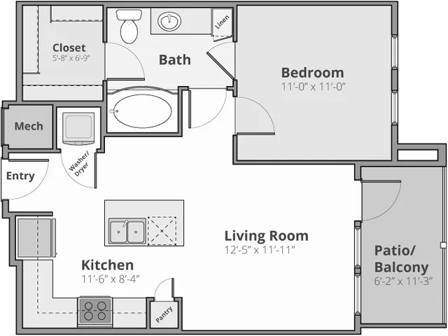 Modern floor plan featuring an inviting living room, spacious bedroom, and sleek kitchen with a pantry. Includes a cozy patio/balcony, laundry space with washer/dryer, and ample closet storage. Perfect for comfortable urban living.