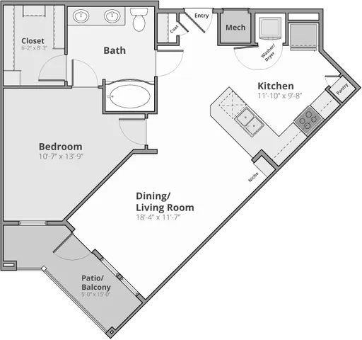 Modern floor plan featuring a spacious bedroom, stylish kitchen, and an open dining/living room with access to a private patio.