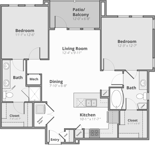 Modern 2D floor plan showcasing 2 spacious bedrooms, a bright living room, and a cozy patio. Includes a well-designed kitchen, two bathrooms, and ample storage spaces.