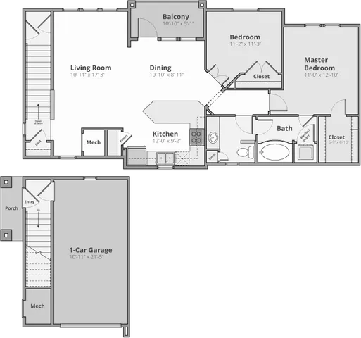 Modern floor plan showcasing 2 bedrooms, spacious living room, open kitchen, dining area, and balcony, complete with 1-car garage.