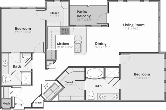 Modern apartment floor plan featuring 2 spacious bedrooms, open-concept living and dining area, efficient kitchen, two bathrooms, and a cozy patio/balcony.