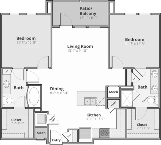 Elegant apartment floor plan featuring 2 bedrooms, spacious living room, modern kitchen, dining area, and inviting patio/balcony.