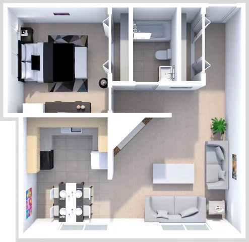 Modern 2D floor plan showcasing a stylish 1-bedroom layout with an open-concept kitchen and dining area. Features a cozy living room, spacious bathroom, and elegant bedroom design.