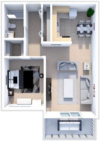 Chic 3D floor plan showcasing a modern 1-bedroom apartment with open-concept living and dining area, sleek kitchen, and a cozy balcony.