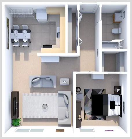 Modern 1-bedroom apartment with open-concept living room, cozy dining area, sleek kitchen, and stylish bathroom layout.