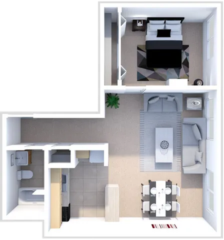Modern 1-bedroom apartment floor plan with an open-concept living and dining area, sleek kitchen, and elegant bathroom, maximizing space and comfort.
