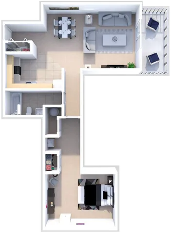 Modern apartment floor plan with 1 bedroom, spacious living area, sleek kitchen, and charming balcony.