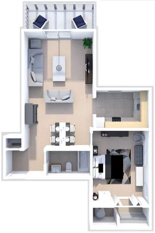 Modern 3D floor plan featuring a spacious living room, cozy bedroom, stylish kitchen, and a sleek balcony with seating.