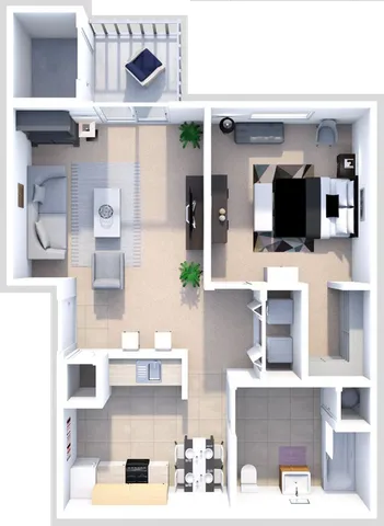 Contemporary 3D floor plan showcasing a cozy living room, elegant bedroom, modern kitchen, and inviting balcony space.