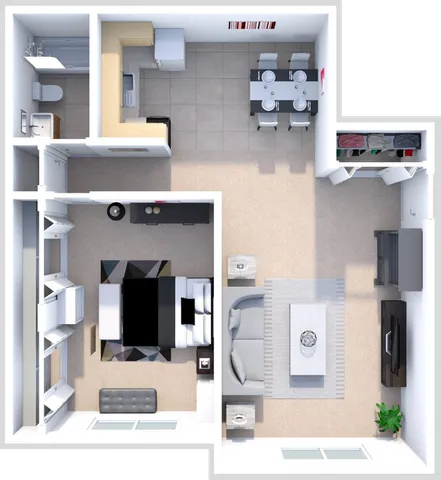 Modern 3D floor plan showcasing a cozy one-bedroom apartment with an open-concept kitchen and dining area, spacious living room, and stylish bathroom.