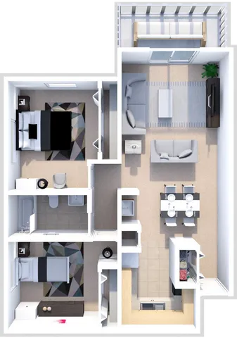 Contemporary floor plan showcasing 2 bedrooms, open living area, and a sleek kitchen with adjacent dining space.