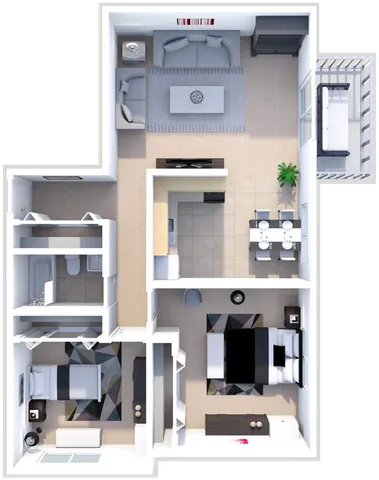 Modern 2D floor plan showcasing a spacious layout with 2 bedrooms, cozy living room, stylish kitchen, and private balcony.