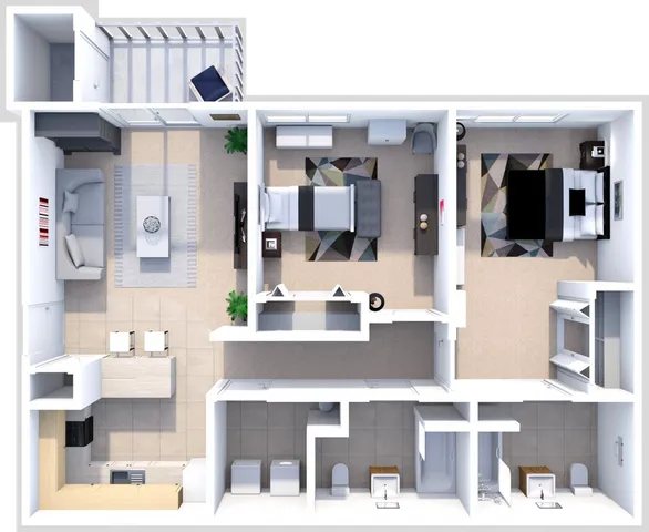Modern 2D floor plan featuring an elegant 2-bedroom layout, open-concept living area, sleek kitchen, and two stylish bathrooms.