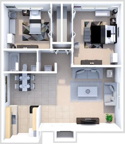 Elegant floor plan showcasing 2 cozy bedrooms, a stylish living room, modern kitchen, and dining area with tile flooring.