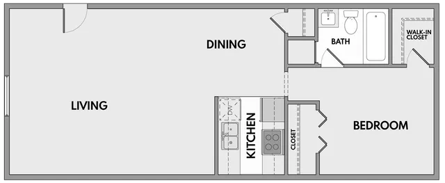 Modern 1-bedroom floor plan with a spacious living and dining area, integrated kitchen, and luxurious bath with walk-in closet.