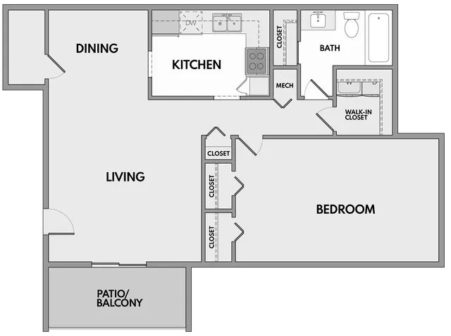 Modern 1-bedroom apartment layout featuring an open living and dining area, stylish kitchen, and convenient patio access.
