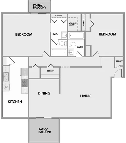 Modern apartment floor plan featuring 2 spacious bedrooms, open kitchen, dining and living areas, plus dual patios.