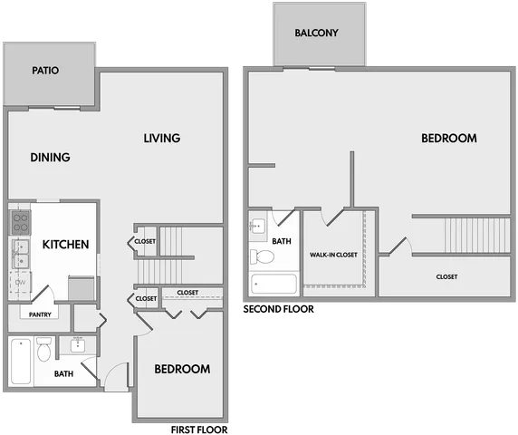 Modern two-story townhome floor plan featuring a spacious living area, dining space, and kitchen on the first floor, along with a bedroom and patio. The second floor boasts a large bedroom with a walk-in closet, a balcony, and an additional bath.