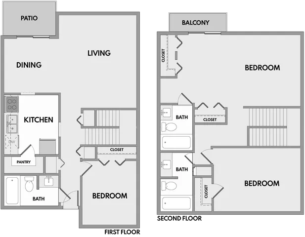 Modern two-story floor plan featuring an open-concept living and dining area, stylish kitchen, and spacious patio on the first floor. Second floor includes two large bedrooms, each with a private balcony, and multiple bathrooms for comfort and convenience.