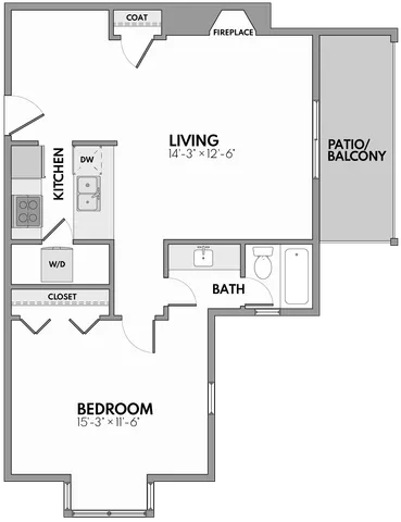 Modern floor plan with 1 spacious bedroom, open living area, stylish kitchen, cozy fireplace, and a balcony for outdoor relaxation.