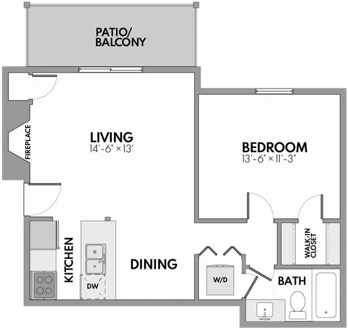 Modern 1-bedroom floor plan featuring a spacious living room with fireplace, open kitchen, dining area, and private balcony.