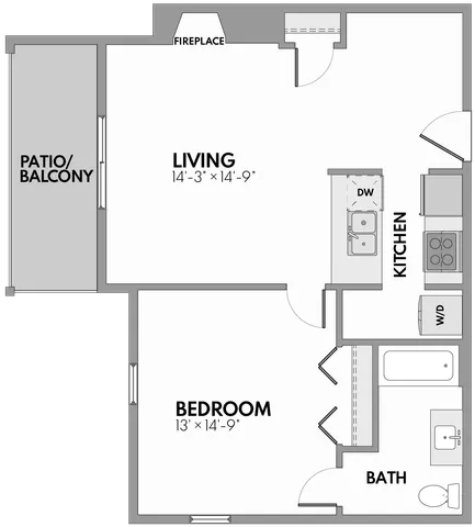 Charming one-bedroom apartment floor plan with a cozy living room, modern kitchen, and private patio.