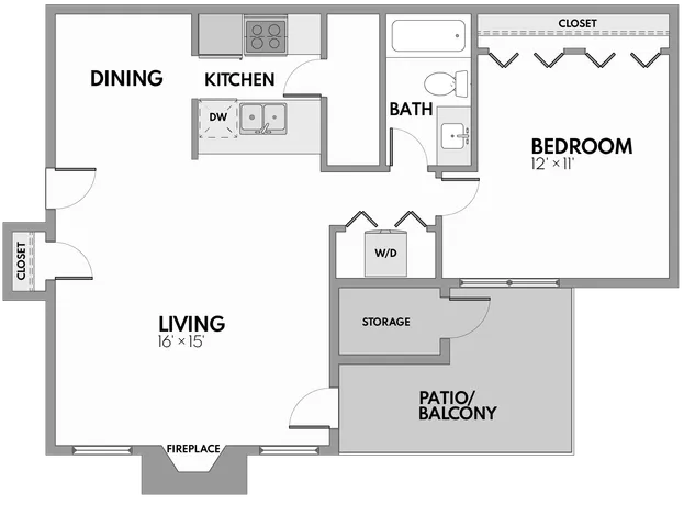 Charming apartment floor plan with 1 bedroom, spacious living area with fireplace, modern kitchen, and inviting patio/balcony.