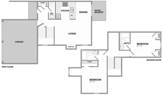 Modern dual-level floor plan featuring two spacious bedrooms, an open kitchen and dining area, cozy living room with fireplace, and a private patio. Includes a convenient garage and ample storage.