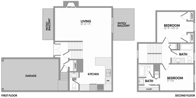 Modern two-level floor plan showcasing a spacious living area with fireplace, two bedrooms, two and a half baths, and a convenient garage with double patio access.