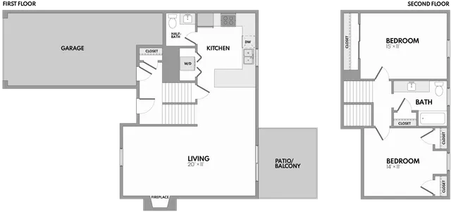 Modern floor plan featuring two bedrooms, spacious living area with fireplace, functional kitchen, garage, and inviting patio/balcony.