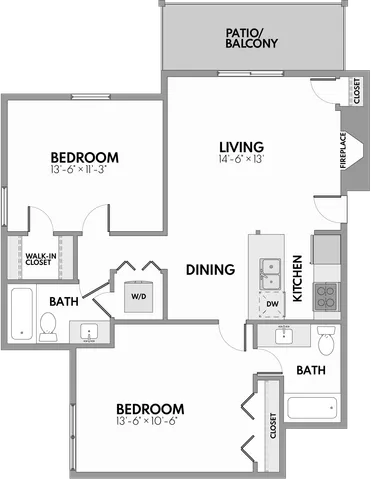 Modern floor plan featuring 2 spacious bedrooms, an elegant living area with fireplace, dining space, well-equipped kitchen, washer/dryer area, and patio/balcony for outdoor enjoyment.