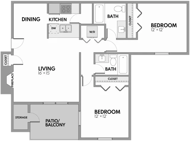 Modern floor plan featuring two bedrooms with closets, two bathrooms, a spacious living area with fireplace, and a well-equipped kitchen. Includes patio/balcony and additional storage space.