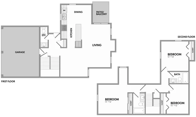 Elegant 2-story floor plan with 3 bedrooms, open living area with patio, spacious kitchen, and attached garage.